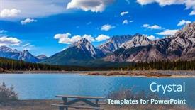  Presentation with mountain water - PPT theme having wooden-table-and-picnic-benches background and a ocean colored foreground