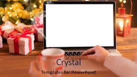  Presentation with christmas tree - Slide deck with wooden table blur christmas tree background and a red colored foreground