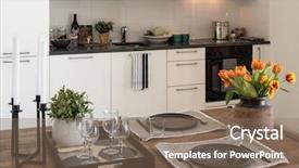  Presentation with kitchen design - Presentation design with wooden table detail with plates background and a violet colored foreground