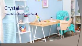  Presentation with kids room children smile - PPT layouts with wooden table in blue children background and a sky blue colored foreground