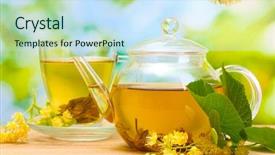  Presentation with cup of lemon tea - Colorful theme enhanced with wooden table in garden backdrop and a sky blue colored foreground