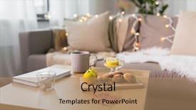  Presentation with living room - PPT layouts featuring wooden table in living room background and a coral colored foreground