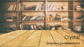  Presentation with library - PPT theme having wooden table in the library background and a yellow colored foreground