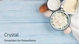  Presentation with yoghurt dairy - Presentation with wooden table milk cheese background and a sky blue colored foreground