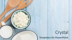  Presentation with yoghurt dairy - PPT theme consisting of wooden table milk cheese background and a sky blue colored foreground