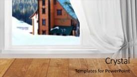  Presentation with winter - PPT theme with wooden table on blurred winter window background background and a coral colored foreground