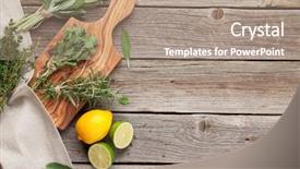  Presentation with herbs - Amazing PPT layouts having wooden table oregano thyme backdrop and a coral colored foreground