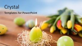  Presentation with blue tulip - Slide set having wooden table over blue sky background and a light blue colored foreground