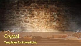  Presentation with food preparation - Cool new slide deck with wooden table ready for cooking backdrop and a tawny brown colored foreground