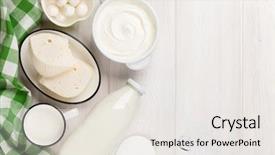  Presentation with dairy products - Presentation consisting of wooden table sour cream milk background and a white colored foreground