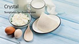  Presentation with milk dairy cheese yogurt sour - Slides having wooden table sour cream milk background and a light gray colored foreground