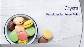  Presentation with sweet - Presentation with colorful macaroons on wooden table background and a sky blue colored foreground