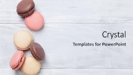  Presentation with sweet - Amazing slides having marron - colorful macaroons on wooden table backdrop and a sky blue colored foreground