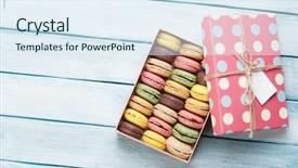  Presentation with text box - Presentation theme consisting of colorful macaroons on wooden table background and a sky blue colored foreground