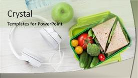  Presentation with lunch box - Amazing PPT layouts having wooden table take away food backdrop and a mint green colored foreground