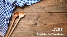  Presentation with checkered tablecloth - Beautiful PPT theme featuring wooden table with a blue backdrop and a coral colored foreground