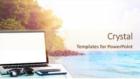  Presentation with laptop blank screen - Colorful presentation enhanced with wooden table with blank screen backdrop and a  colored foreground