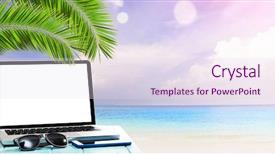  Presentation with laptop blank screen - Audience pleasing PPT theme consisting of wooden table with blank screen backdrop and a  colored foreground