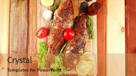  Presentation with fish grill there are fish - Audience pleasing slide set consisting of wooden table with castor backdrop and a gold colored foreground