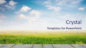  Presentation with field - Presentation design consisting of wooden table with field landscape background and a sky blue colored foreground