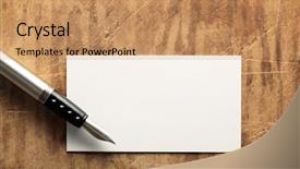  Presentation with business card - Colorful PPT theme enhanced with wooden table with fountain pen backdrop and a coral colored foreground