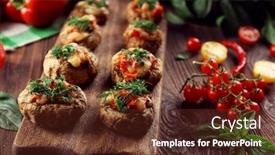  Presentation with mushrooms - PPT layouts consisting of wooden tablet with stuffed mushrooms and vegetables on the table background and a tawny brown colored foreground