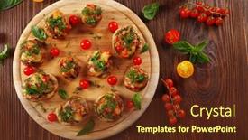  Presentation with mushrooms farm to table vegetables - Colorful PPT theme enhanced with wooden tablet with stuffed mushrooms and vegetables on the table top view backdrop and a tawny brown colored foreground