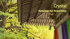 Presentation with green and wood - Slide set having wooden temple with green tree background and a  colored foreground
