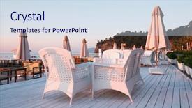  Presentation with restaurant - Audience pleasing slide set consisting of wooden terrace and braided furniture backdrop and a sky blue colored foreground