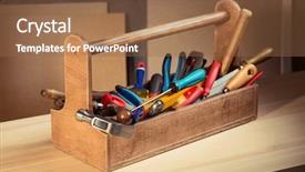  Presentation with old wooden table food - Slide set enhanced with wooden toolbox on the table background and a tawny brown colored foreground