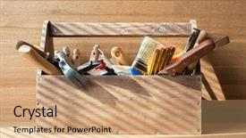  Presentation with tools - PPT theme enhanced with wooden toolbox with carpentry tools background and a coral colored foreground