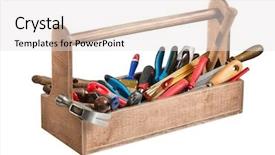  Presentation with wood tools - Presentation featuring wooden toolbox with tools isolated background and a sky blue colored foreground