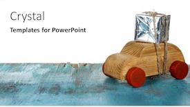 Presentation with wooden toy - Slide set with wooden toy car with gift box on a table over white background background and a white colored foreground