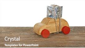  Presentation with wooden toy - Cool new presentation theme with wooden toy car with gift box on a table over white background backdrop and a coral colored foreground
