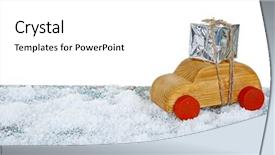  Presentation with wooden toy - Slide deck consisting of wooden toy car with gift box on a snowy table over white ground background and a white colored foreground
