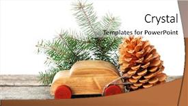  Presentation with pine cone - Slide deck enhanced with wooden toy car with pine cone and sprigs on a table over white background background and a white colored foreground