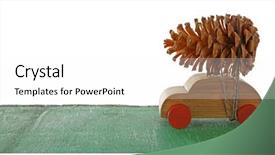  Presentation with pine cone - Theme consisting of wooden toy car with pine cone on a table over white background background and a white colored foreground