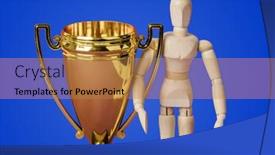  Presentation with golden trophy cup - PPT theme featuring wooden-toy-figure-and-golden background and a coral colored foreground