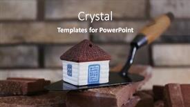  Presentation with wooden toy - Amazing slide set having wooden toy house on trowel and tiles on brick wall background backdrop and a gray colored foreground