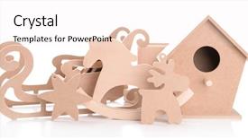  Presentation with decor - Colorful slides enhanced with wooden toys for hand made decor isolated on white backdrop and a sky blue colored foreground