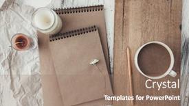 Presentation with eco paper - Slide set having wooden tray with coffee and spring flowers craft paper and sketchbook eco home objects concept background and a coral colored foreground