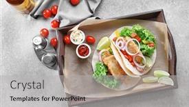  Presentation with fish tacos - Presentation theme having wooden tray with delicious fish tacos on kitchen table background and a light gray colored foreground