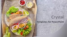  Presentation with fish tacos - Cool new presentation with wooden tray with delicious fish tacos on kitchen table backdrop and a light gray colored foreground