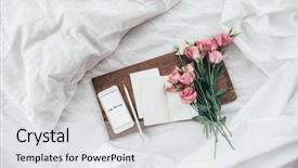  Presentation with white flowers - Presentation having wooden tray with paper sketchbook background and a white colored foreground