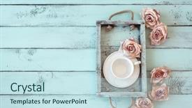  Presentation with porcelain - Presentation theme featuring wooden tray with porcelain teacup background and a sky blue colored foreground