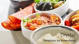  Presentation with snacks - Cool new slide deck with wooden-tray-with-snacks-close backdrop and a mint green colored foreground