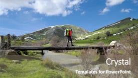  Presentation with crossing bridge - Colorful PPT layouts enhanced with wooden trunks on creek backdrop and a gray colored foreground