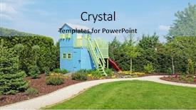  Presentation with kids garden - Slides with wooden two floors play house for kids in corner of the garden summer time good sunny weather background and a light blue colored foreground