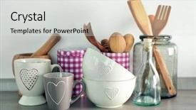  Presentation with kitchen utensils - Beautiful PPT layouts featuring wooden wooden table in kitchen backdrop and a light gray colored foreground
