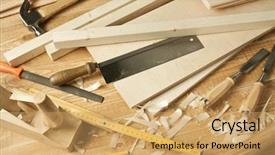  Presentation with workshop tools - Slide deck consisting of wooden workshop table with tools background and a yellow colored foreground